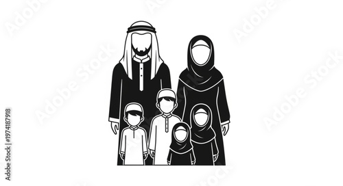 Family portrait of a traditional Arab family in monochrome style.