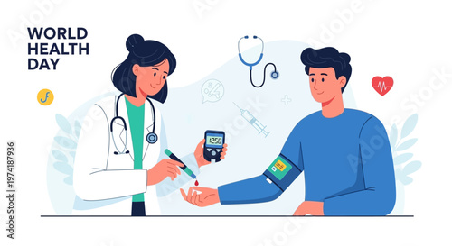 Doctor checking patient's blood sugar and blood pressure on World Health Day