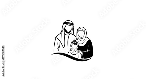 Family portrait of a traditional Arab family in simple line art.