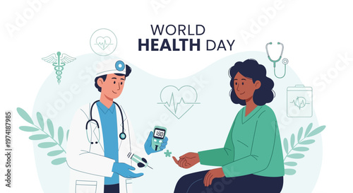 Doctor checks patient's blood sugar for World Health Day, promoting healthcare awareness