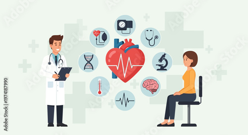 Doctor examining patient with heart health icons, medical checkup concept