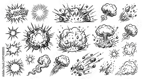 Explosions and impact effects in a hand-drawn comic book style, featuring blasts, bursts, smoke, and debris