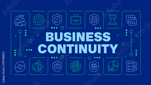 Business continuity management dark blue word concept. Risk assessment. Dealing with dangers. Horizontal vector image. Headline text surrounded by editable outline icons. Hubot Sans font used