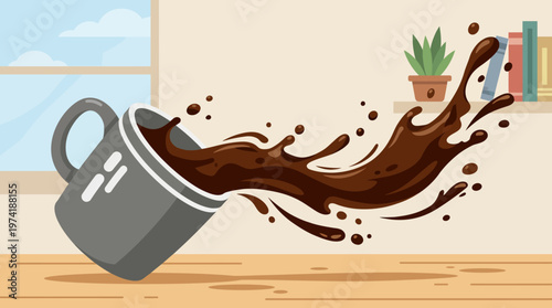Vibrant illustration capturing the dynamic moment a grey mug tips, spilling rich dark liquid in an energetic splash across a wooden table, depicting an accidental beverage spill indoors