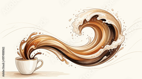 Abstract coffee wave art with a white cup, representing a delicious beverage and a morning boost
