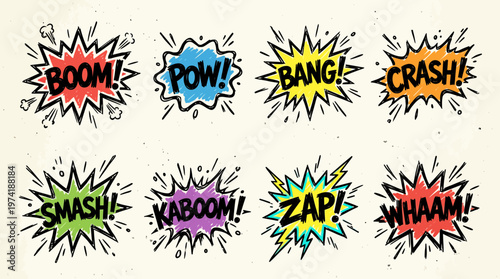 Vibrant hand-drawn comic sound effects. Dynamic pop art style bursts with energetic words, adding exciting visual impact to design projects and creative content