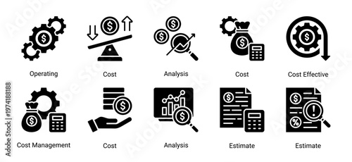 Cost basics icon set icons including cost,analysis,estimate,and management.Suitable for business,finance,UI,and infographic design.
