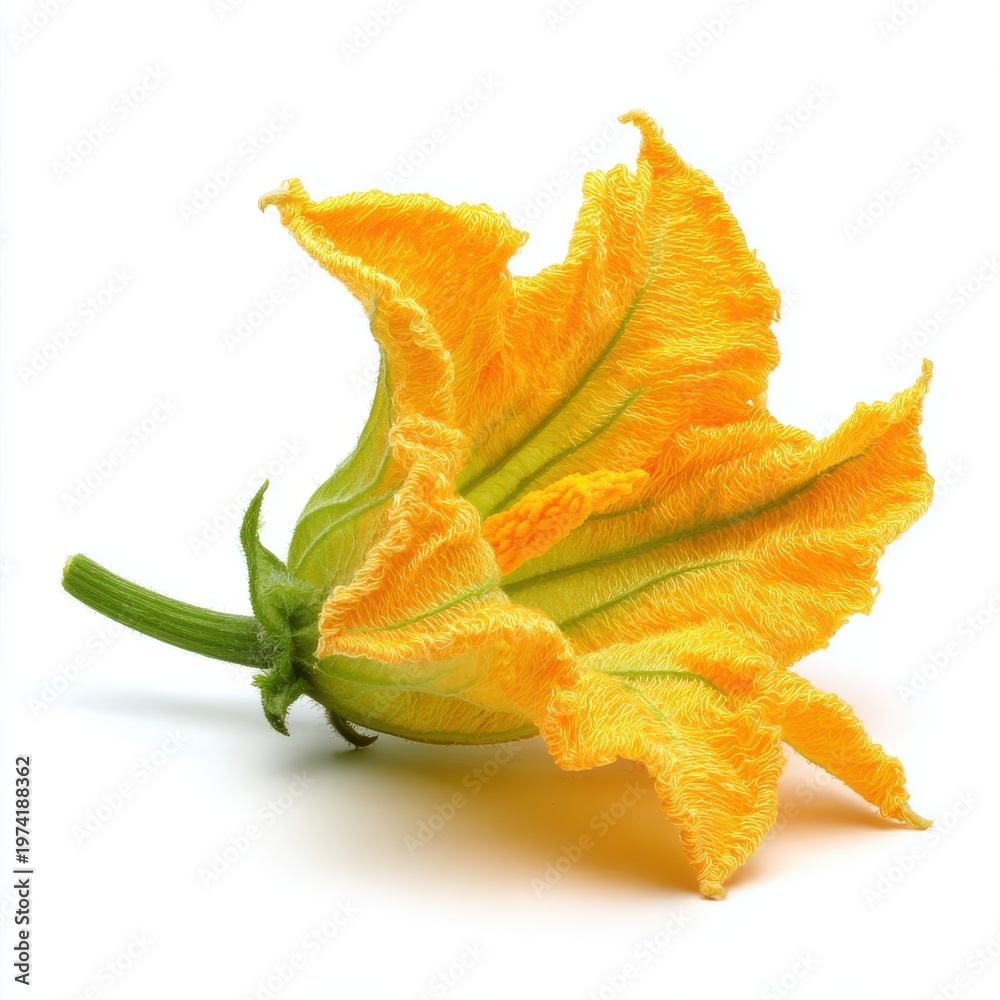 Fototapeta premium Vibrant Yellow Zucchini Flower with Green Stem Isolated on White Studio Background