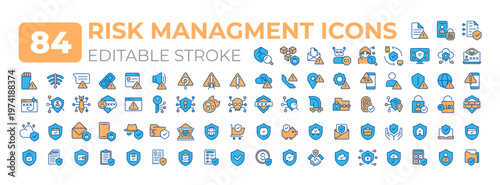 Risk management colorful icons big set. Protection. Identifying, assessing and controlling potential threats iconset color linear symbols. Vector isolated flat illustrations. Editable stroke