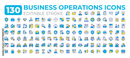 Business operations colorful icons big set. Core activities an organization. Productivity management. Commerce iconset color linear symbols. Vector isolated flat illustrations. Editable stroke