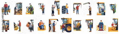 Elderly farmer operating and maintaining heavy agricultural machinery like combine harvesters and tractors during the harvest season, set of vector illustrations.