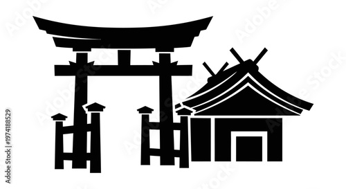 Traditional Japanese Gate and Building.