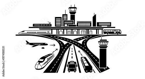 Transportation hub with roads and vehicles.