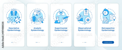 Epidemiologic study types blue onboarding mobile app screen. Walkthrough 5 steps editable graphic instructions with linear concepts. UI, UX, GUI. Montserrat SemiBold, Regular fonts used