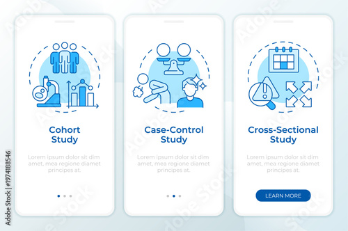 Observational study types blue onboarding mobile app screen. Walkthrough 3 steps editable graphic instructions with linear concepts. UI, UX, GUI. Montserrat SemiBold, Regular fonts used