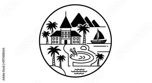Tropical island resort logo illustration.