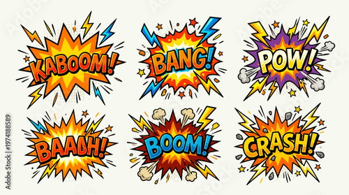 Collection of comic book style sound effect bursts with vibrant colors, featuring words like KABOOM, BANG, POW, BAAAH, BOOM, and CRASH