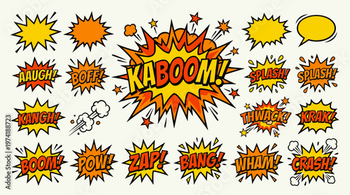 Collection of comic book sound effects and speech bubbles, vibrant explosions, and action words with a retro comic book aesthetic