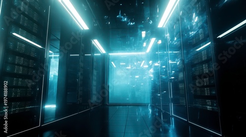 Futuristic Data Center Interior with Neon Lighting and Technology Design