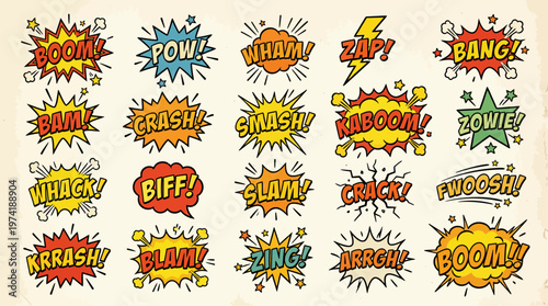 Collection of vintage comic book sound effect words and expressions in various colorful styles