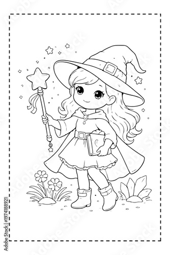 Cute Witch Girl Holding Star Wand and Book, Outline Coloring Page for Kids