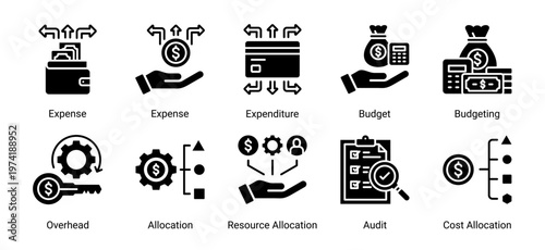 Budget control icon set icons including budget,expense,allocation,and audit.Ideal for accounting,business,and financial management design.