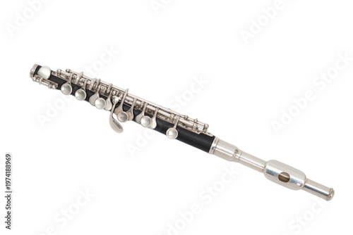 Tableau sur toile Silver piccolo woodwind instrument isolated on transparent background