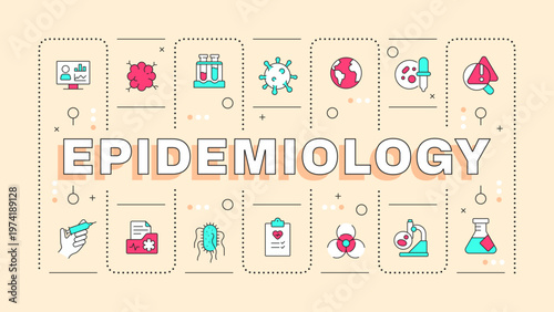 Epidemiology light yellow word concept. Laboratory research, vaccine development. Medical treatment. Typography banner. Vector illustration with title text, editable icons color. Hubot Sans font used