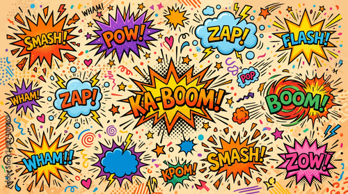 Dynamic comic book style collection of expressive speech bubbles featuring action-packed sound effects like Smash, Pow, Zap, and Boom on an energetic distressed background