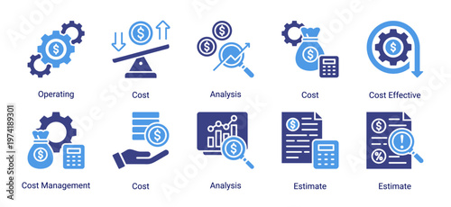 Cost basics icon set icons including cost,analysis,estimate,and management.Suitable for business,finance,UI,and infographic design.