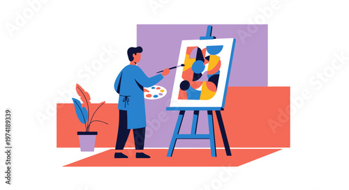 Illustrative depiction of a creative artist passionately painting abstract art on an easel, expressing imagination and talent with vibrant brushstrokes in a modern studio