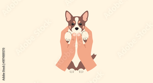 Adorable little puppy gently cradled in caring human hands, symbolizing affection, new pet ownership, and a heartwarming bond