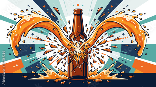 Explosive Beer Bottle Splash Illustration - A Dynamic Celebration of Beverage Excitement