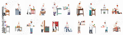 Flat vector illustration set of professional Japanese sushi chefs performing various kitchen tasks, from food preparation to serving, isolated on white background.