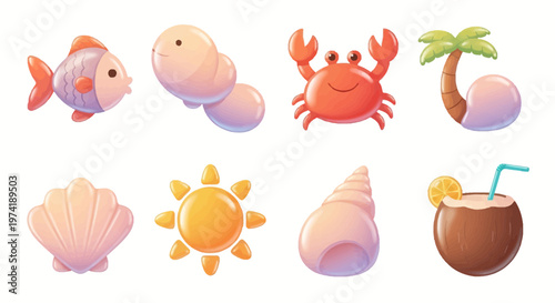 3D Summer Elements and Cute Sea Animal Collection, Glossy Tropical Icons with Jelly Style Effect