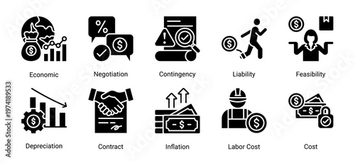 Risk and economics icon set icons including liability,inflation,contract,and feasibility.Suitable for finance,business,and analysis design.