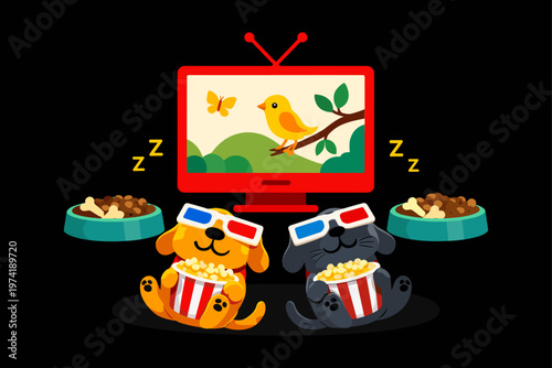 Pets watching TV with snacks. Home entertainment concept. Dog and cat watching television with food. Represents leisure and cozy lifestyle.