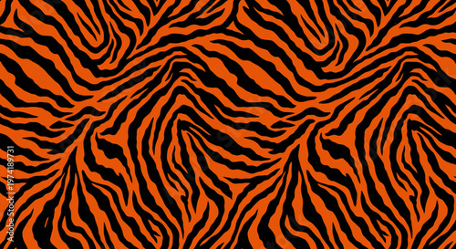 Vibrant seamless orange and black animal print pattern, capturing the wild essence of striped fur for dynamic fashion, decor, or striking graphic design backgrounds