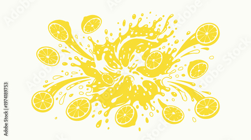 A vibrant explosion of zesty yellow lemons bursting with refreshing citrus juice, creating a dynamic graphic illustration symbolizing natural freshness and pure flavor