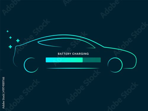 Futuristic Electric Vehicle (EV) car Vector Illustration design Featuring Sleek Outlines, Glowing Blue Neon Shapes, battery charging Representing Smart EV Charging Station Technology, ui, interface.