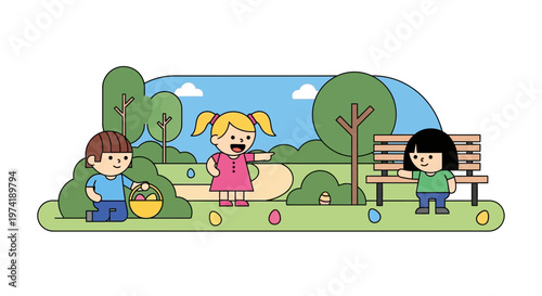 Joyful children on an exciting Easter egg hunt in a vibrant park setting, collecting colorful eggs and celebrating the spring holiday together