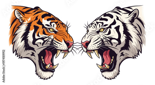 Powerful illustration of two roaring tiger heads, orange and white, in a fierce confrontation, symbolizing wild strength and primal nature