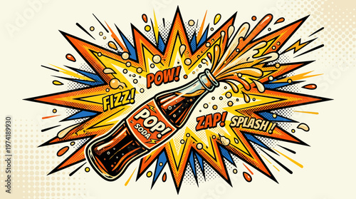 Vibrant pop art illustration depicting a soda bottle bursting open with effervescent liquid and dynamic comic book sound effects, capturing an energetic refreshment