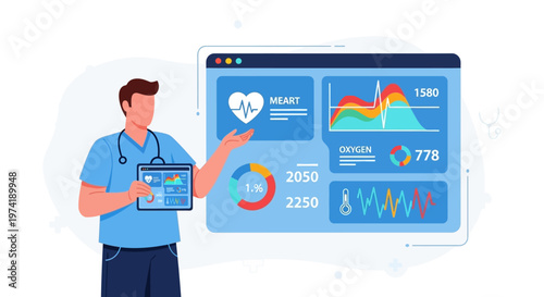 Doctor analyzing health data dashboard on tablet and screen, heart rate, oxygen, vitals