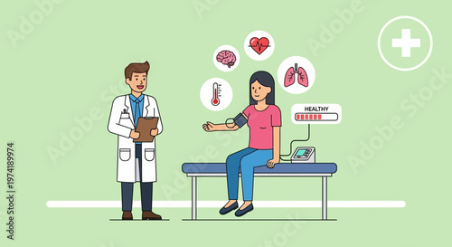 Doctor checks patient's health with vital signs monitor, medical checkup concept