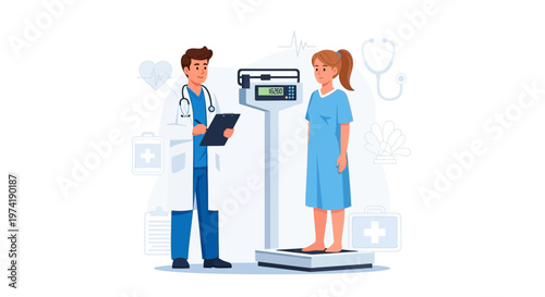 Doctor weighing patient on medical scale, healthcare checkup, medical consultation, doctor's office