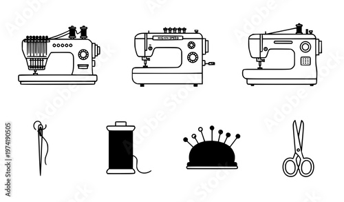 Title:
Modern sewing machine and tailoring icons with textile tools fabric and stitching elements in flat vector style