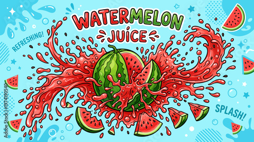 Vibrant and refreshing watermelon juice splash illustration, perfect for a summer drink concept. Juicy watermelon slices burst with flavor, creating a dynamic and cool beverage design