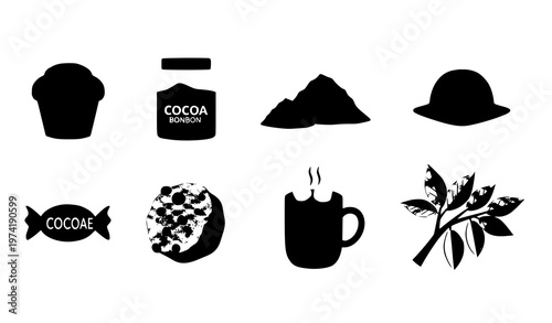 Title:
Cocoa fruit and chocolate icons in outline and flat style with hot cocoa drink candy and cacao elements isolated on white