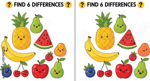 Find the Differences Kids Puzzle Game with Cute Fruits Characters Banana Pineapple Watermelon Apple Pear Educational Activity Vector Illustration